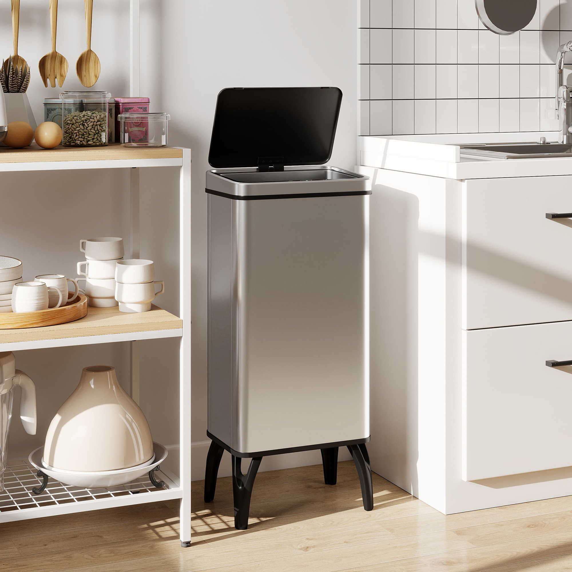 Cubo de Basura Cocina Automático 50 L, Papelera de Cocina de Acero Inoxidable con Sensor Infrarrojo, Cierre Suave, Patas, Anillo de Retención, Antihuellas, para Oficina, Hogar, Plata