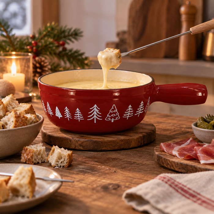 Caquelon en fonte 1,9L brique avec décor sapin MONTAGNE
