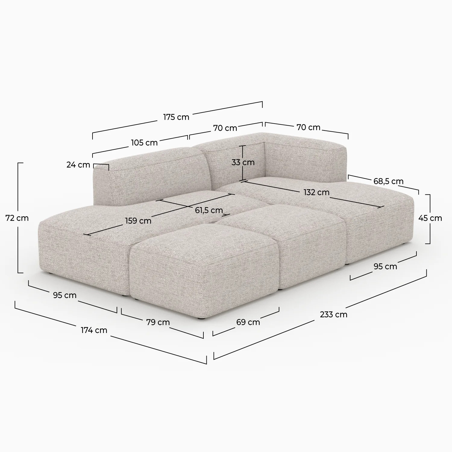 Canapé d'angle droit modulable en tissu beige 4 places avec 2 poufs - Hestia