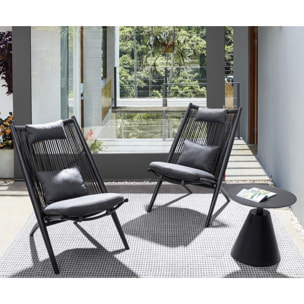 Set di 4 poltrone ALOHA in alluminio nero e intreccio di corda nero, con cuscini