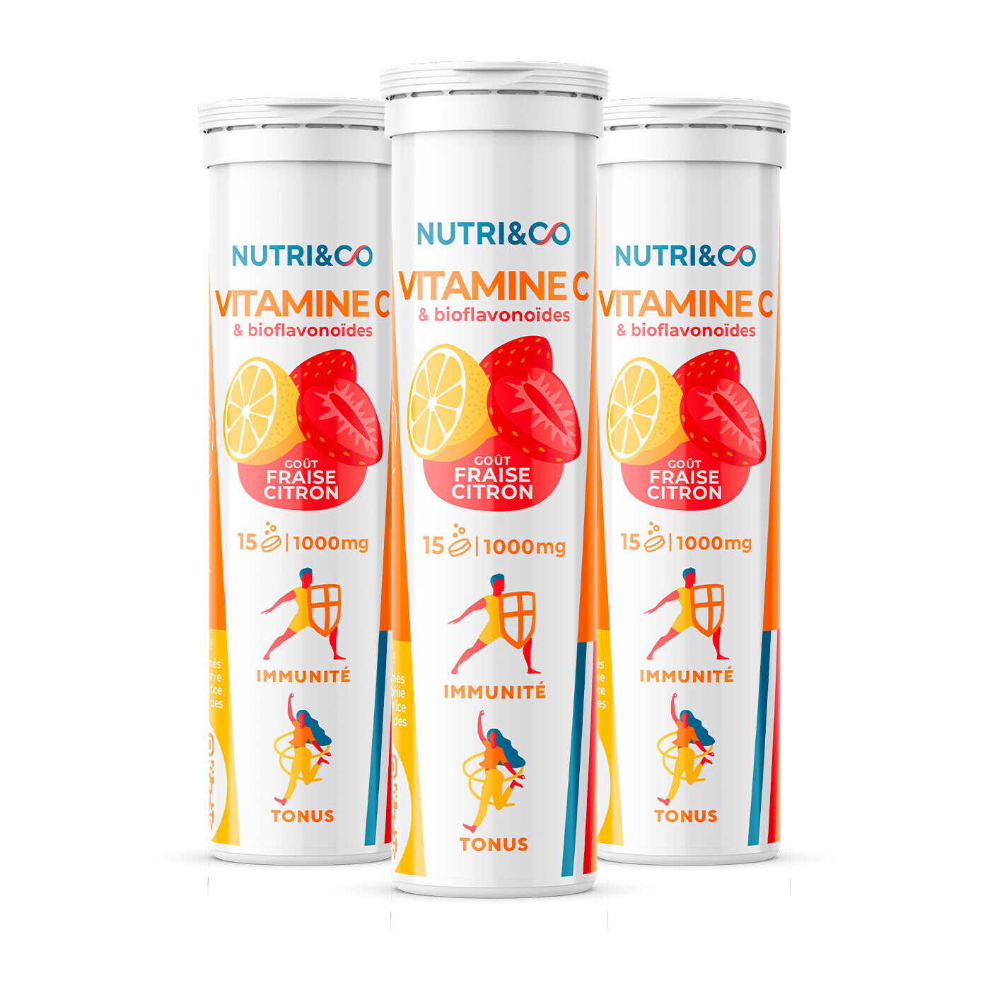 Vitamine C - Immunité et Tonus - Goût Fraise-Citron - 15 comprimés Vegan - Lot de 3
