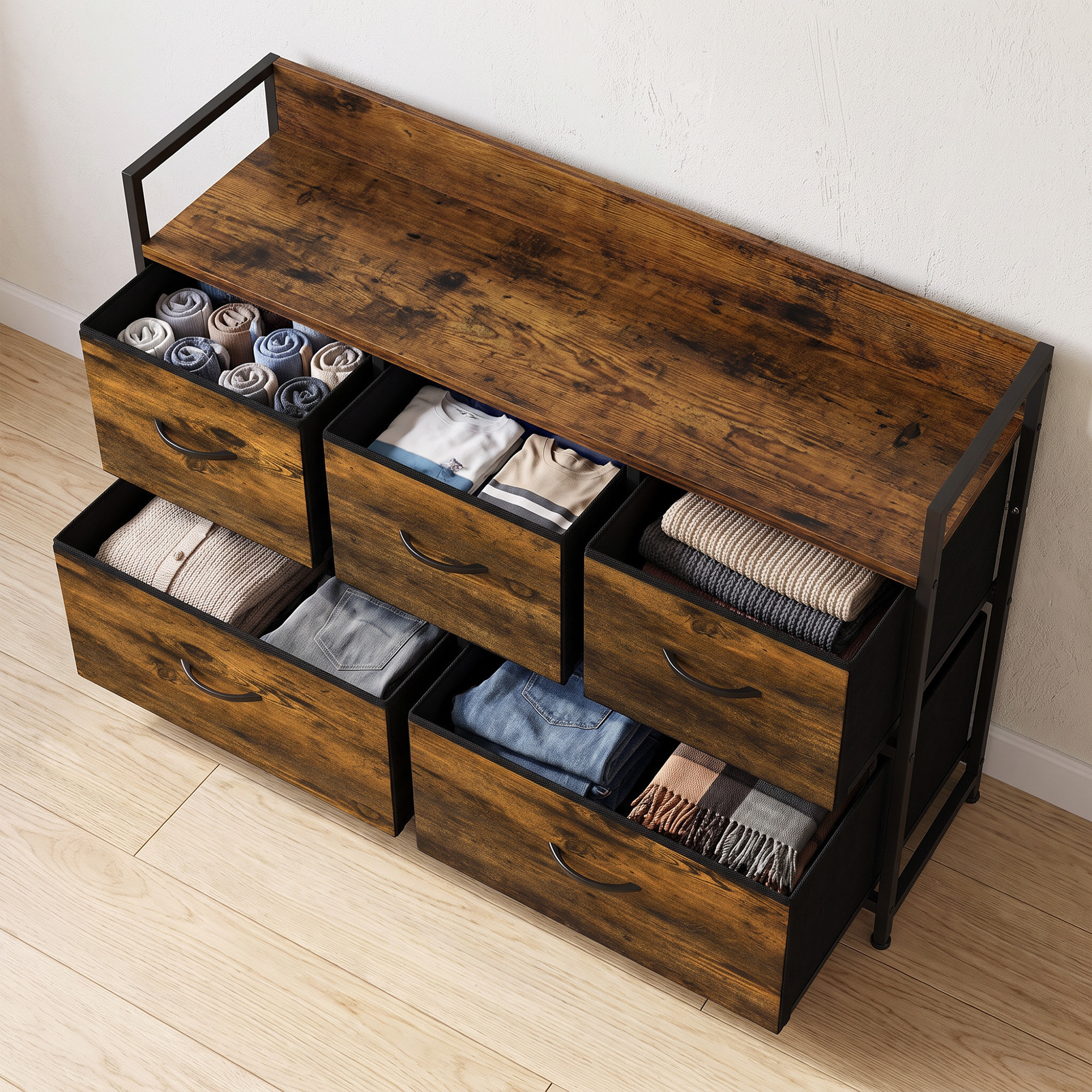Mueble Organizador Cajonera de Tela con Cajones Plegables Estante Abierto y Marco de Acero Estilo Industrial para Salón Recibidor Dormitorio 98x29x63 cm, Marrón Rústico