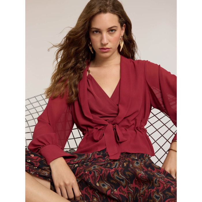 Motivi - Blusa de georgette con escote chal - Burgundy