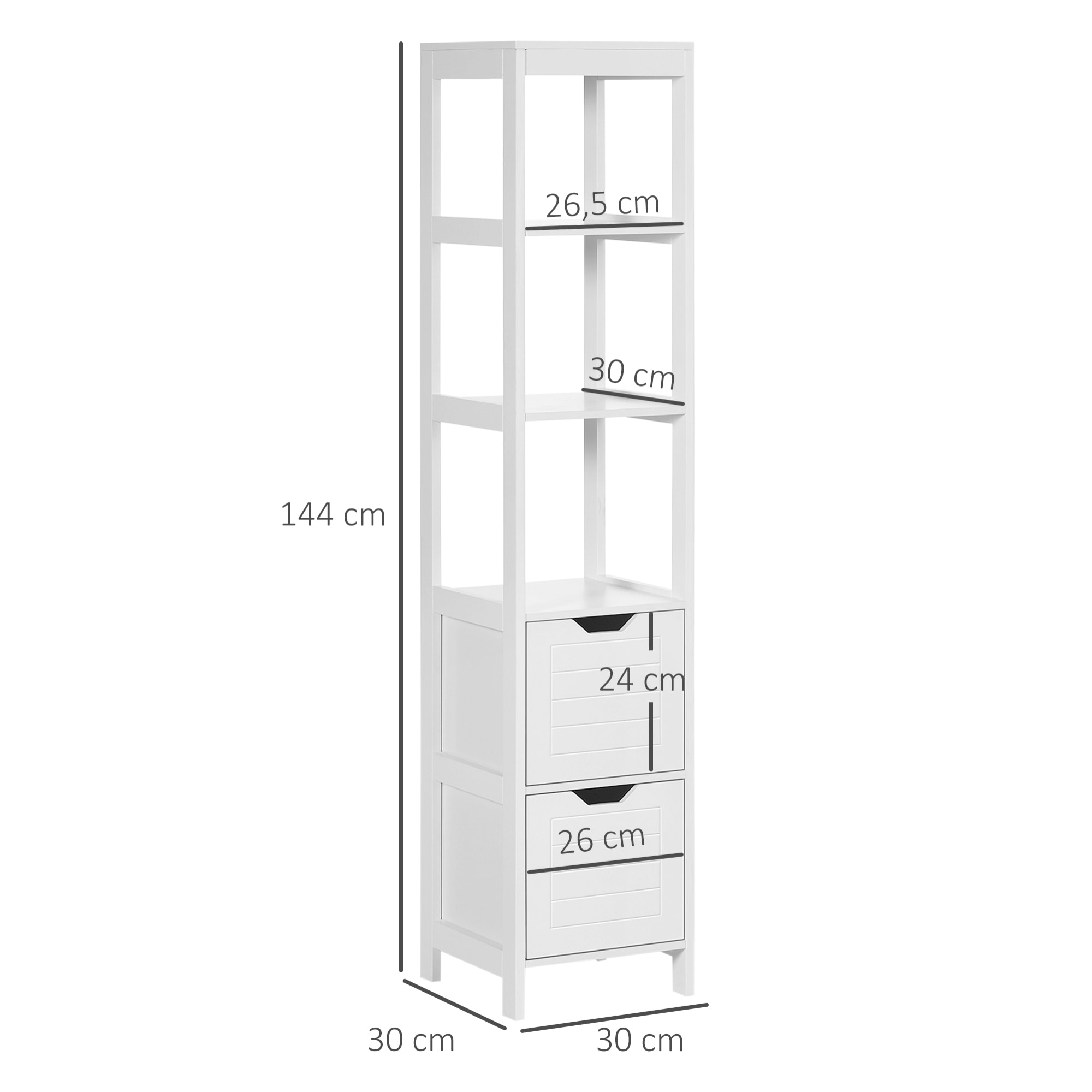 Meuble colonne rangement salle de bain dim. 30L x 30l x 144H cm 2 tiroirs 3 étagères MDF blanc