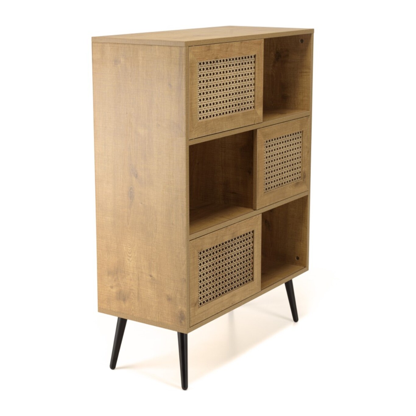 CHARLIE - Buffet marron 3 niches 3 portes effet cannage pieds métal