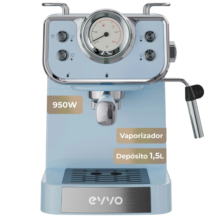 EVVO Cafetera Express Intensa Retro. 15 bares. cuerpo de acero. Espressos y Capuccinos. 950W. Doble salida. Portafiltros. Depósito de 1.5 l. calentamiento rápido