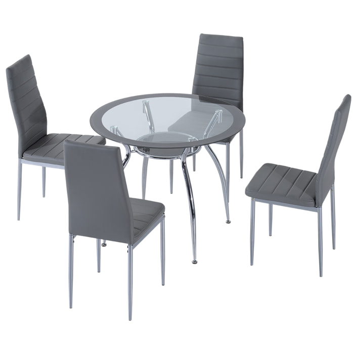 Conjunto Mesa y 4 Sillas de Comedor Juego de Muebles de 5 Piezas Mesa Redonda de Vidrio Templado Ø90x75 cm y 4 Sillas con Patas de Acero Carga 150 kg 42x52x96 cm Gris