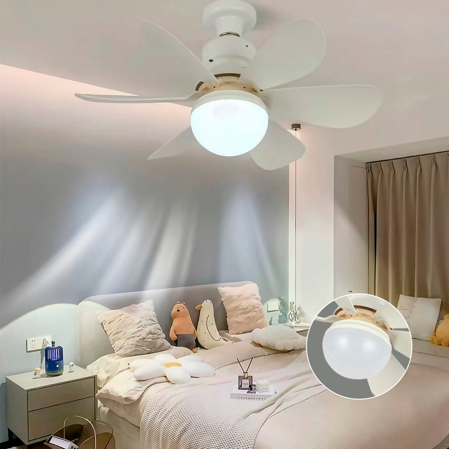 Ventilador de techo FS-HX-R420 de 42 cm. Adaptador E27, 3 velocidades y luz LED regulable de 12 W. Incluye mando a distancia.