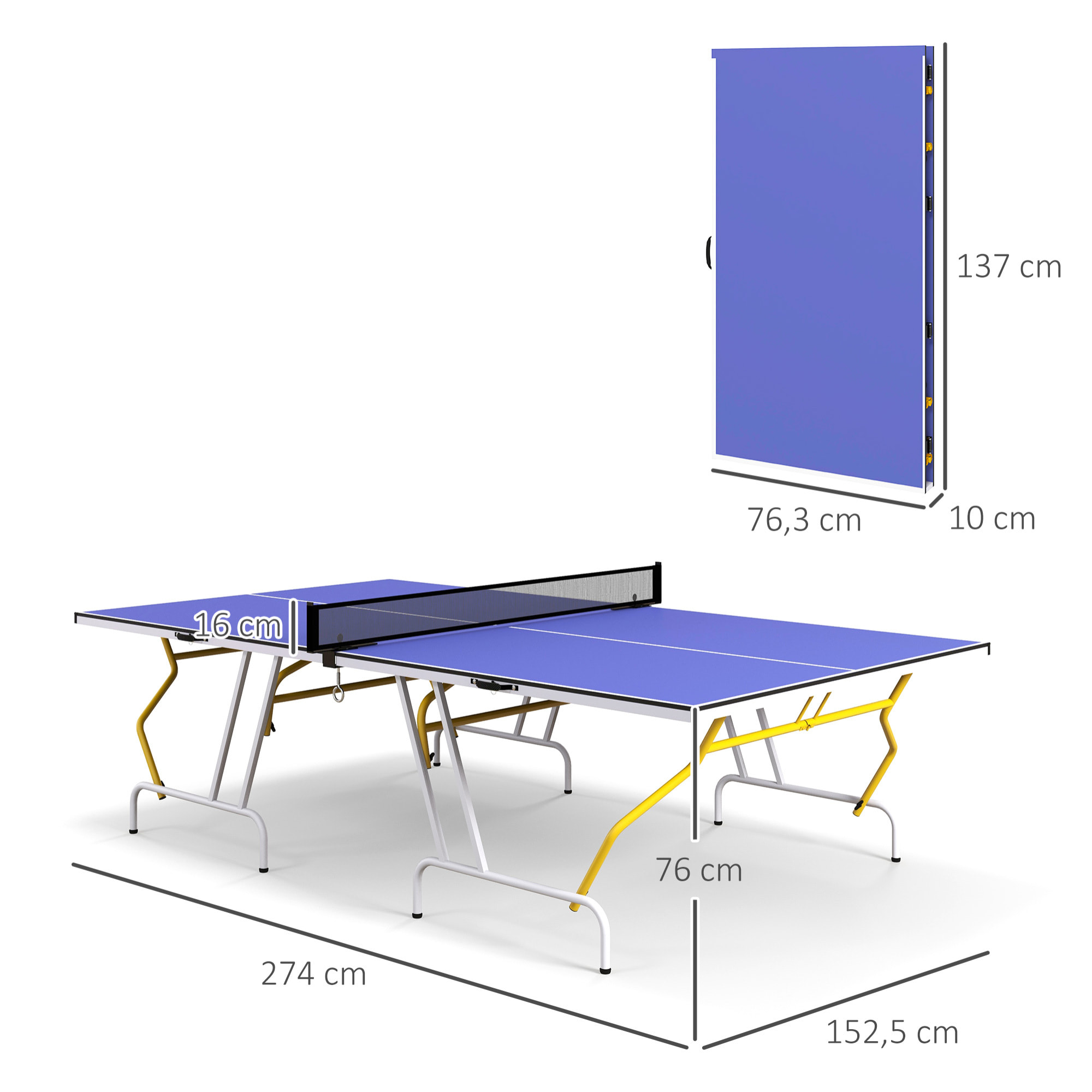 Mesa de Ping-Pong Plegable Mesa de Tenis de Mesa Diseño Compacto con Red Reposapiés Ajustables y Marco de Acero para Interior y Exterior 274x152,5x76 cm Azul