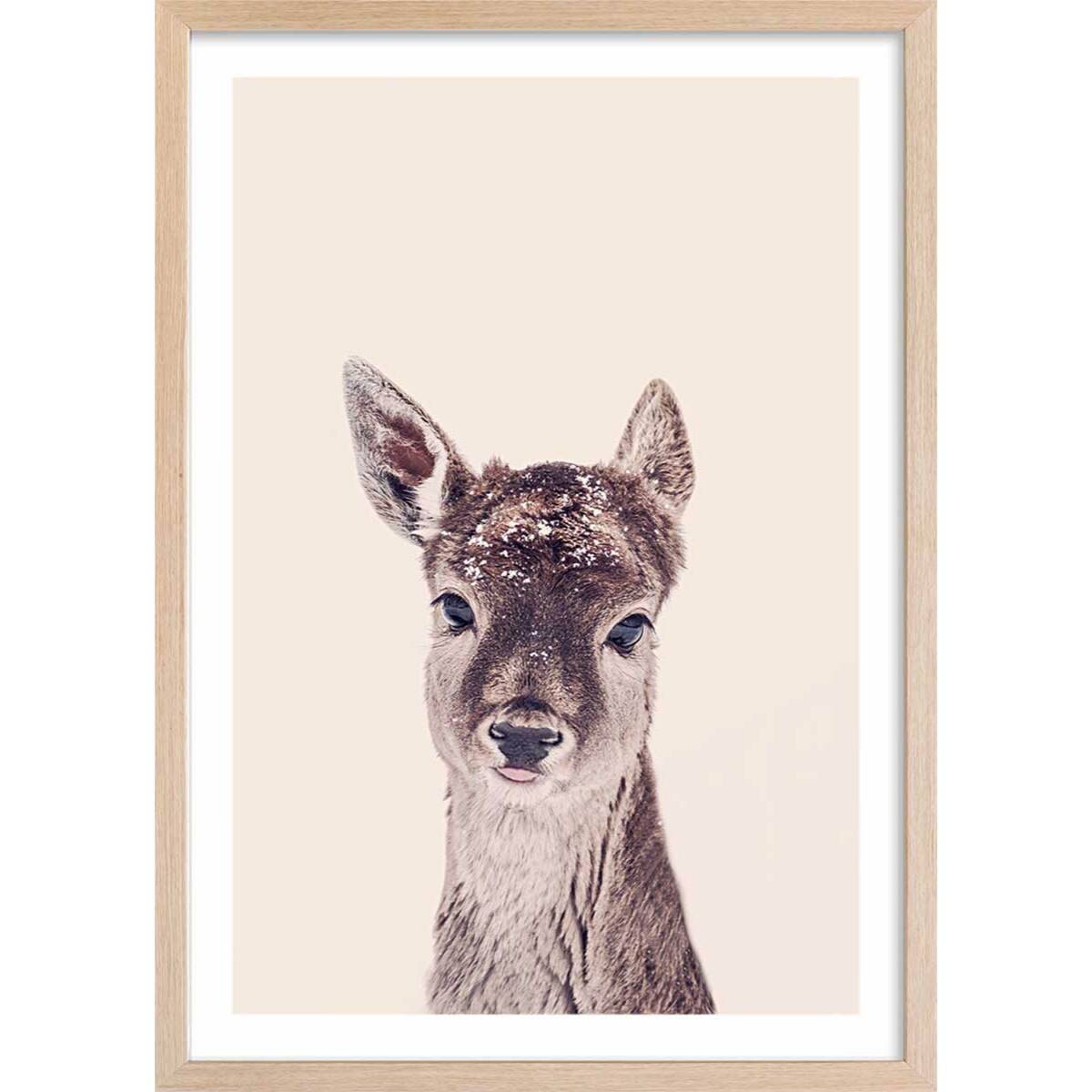 Affiche enfant biche enneigée  Affiche + cadre en bois - Chêne