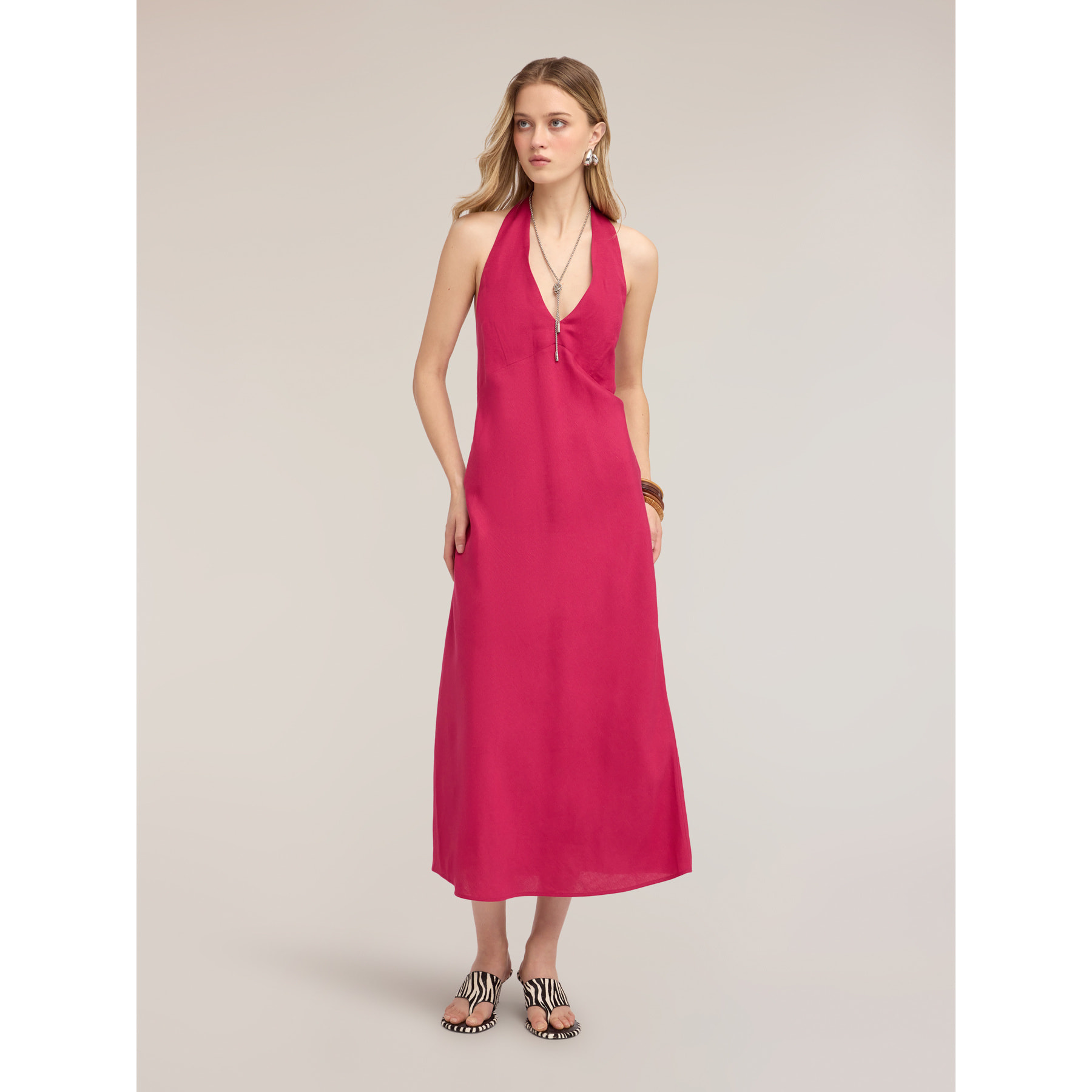 Motivi - Vestito lungo ad A in misto lino - Fucsia