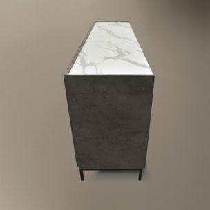 Credenza PIETRASANTA in legno, finitura in acciaio ossidato, piano effetto marmo statuario, 200x50 cm