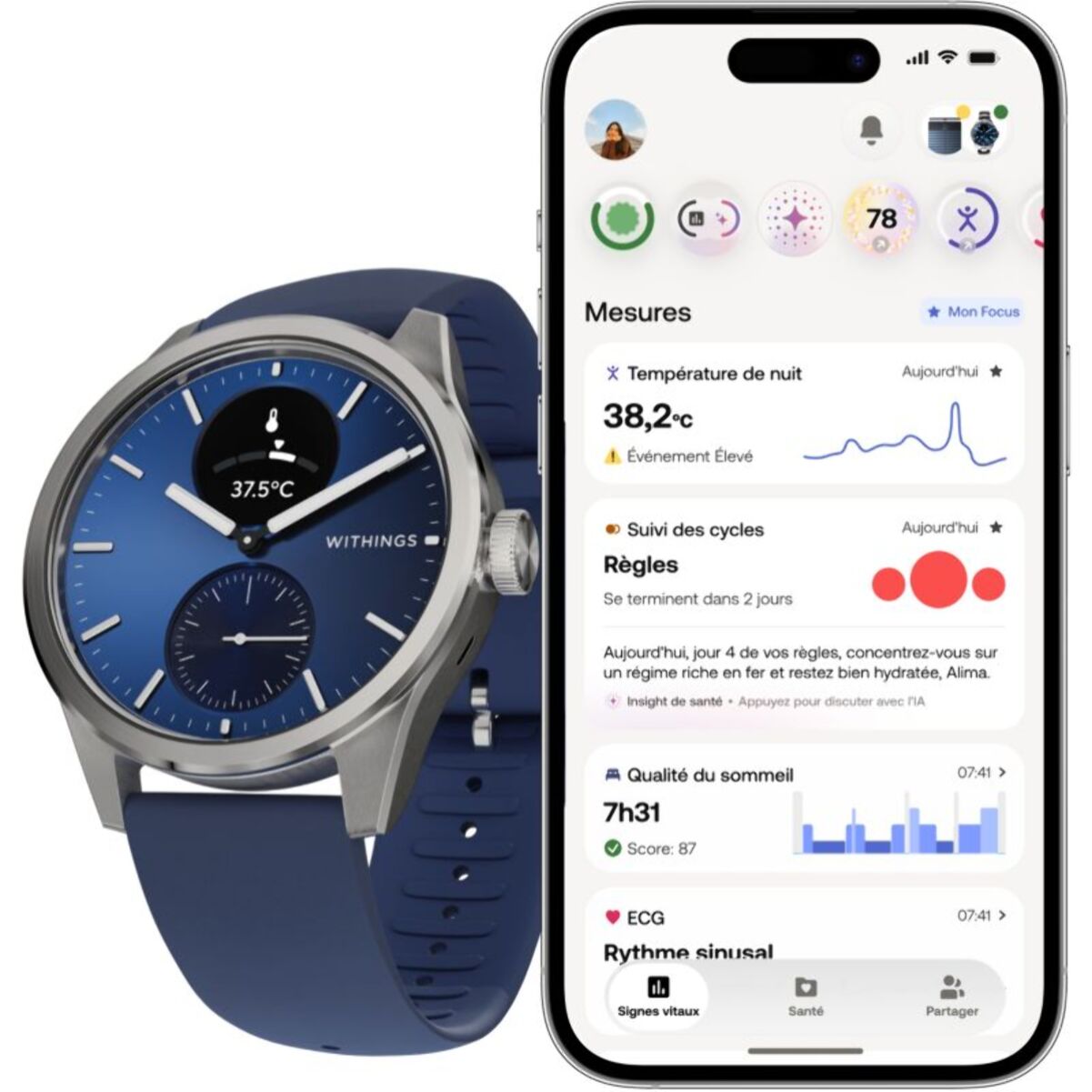 Montre santé WITHINGS Scanwatch 2 Blue Silver 42mm
