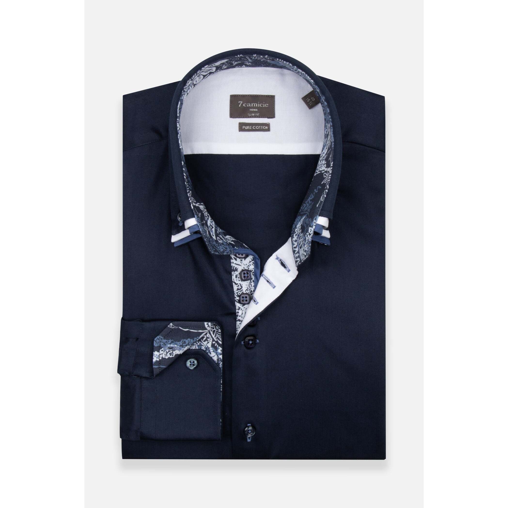 Camicia Uomo 2 Bottoni Button Down Triplo Collo Slim Satin Unito Blu