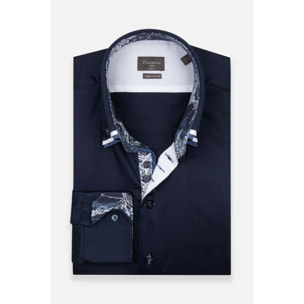 Camicia Uomo 2 Bottoni Button Down Triplo Collo Slim Satin Unito Blu