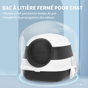 Maison de toilette pliable - bac à litière chat avec porte battante, pelle et filtre inclus - ABS PP blanc noir