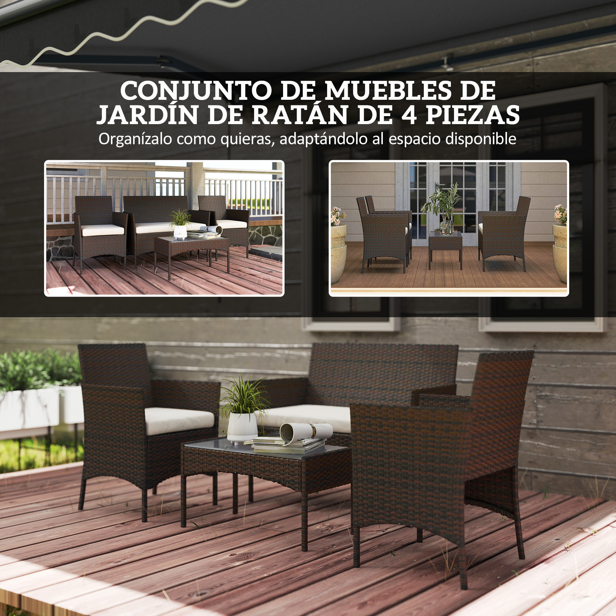 Conjunto Jardín Exterior de Ratán con Cojines Conjunto Terraza Resistente a la Intemperie Muebles Jardín Exterior con 2 Sillones Sofá de 2 Plazas Mesa con Cristal Marrón