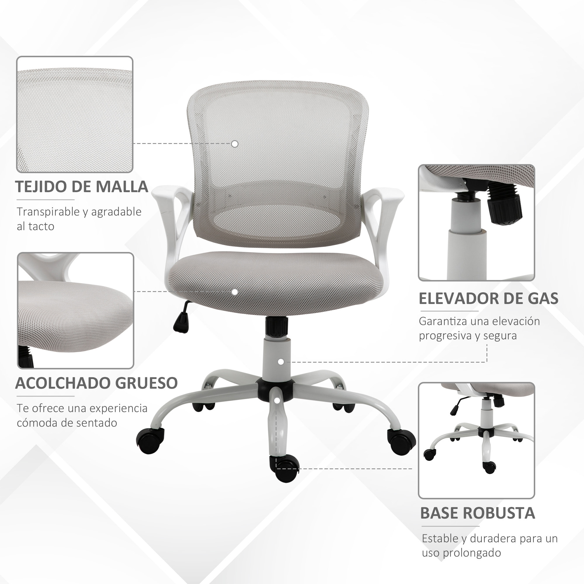 Vinsetto Silla de Oficina Ergonómica Silla de Escritorio Basculante con Altura Ajustable Asiento Giratorio 360° y Soporte Lumbar Malla Transpirable 61x61x89-99 cm Gris