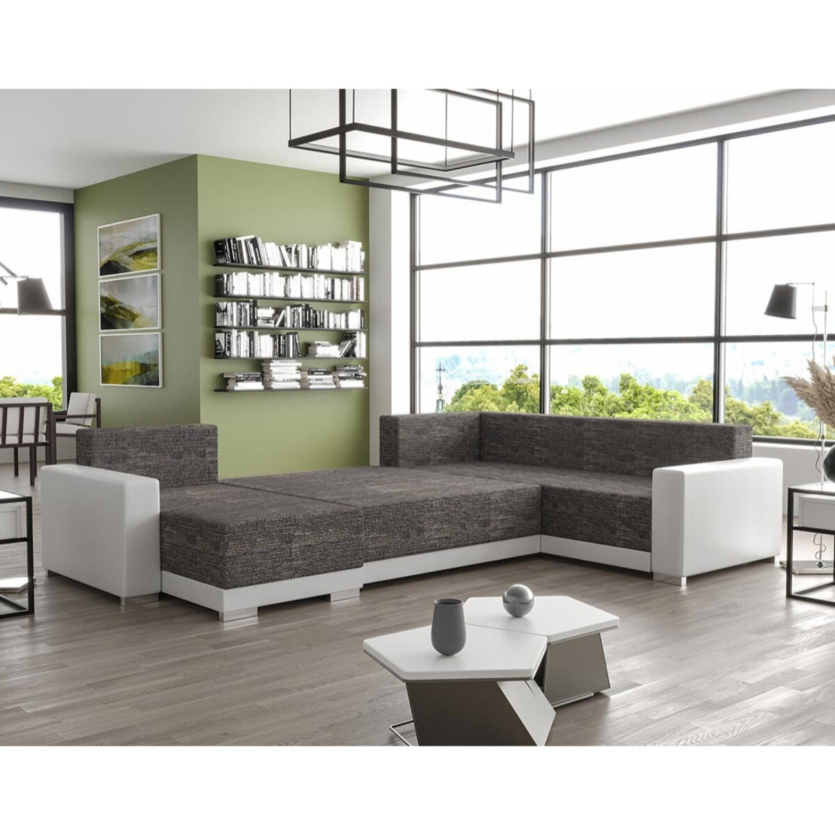 Roger - Canapé panoramique d'angle réversible 7 places convertible avec coffre en tissu - Gris / Blanc