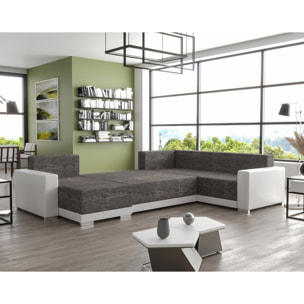 Roger - Canapé panoramique d'angle réversible 7 places convertible avec coffre en tissu - Gris / Blanc