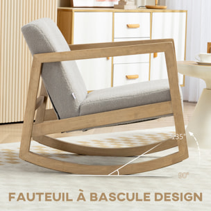 Fauteuil lounge à bascule bois hévéa revêtement effet peau de mouton polyester gris