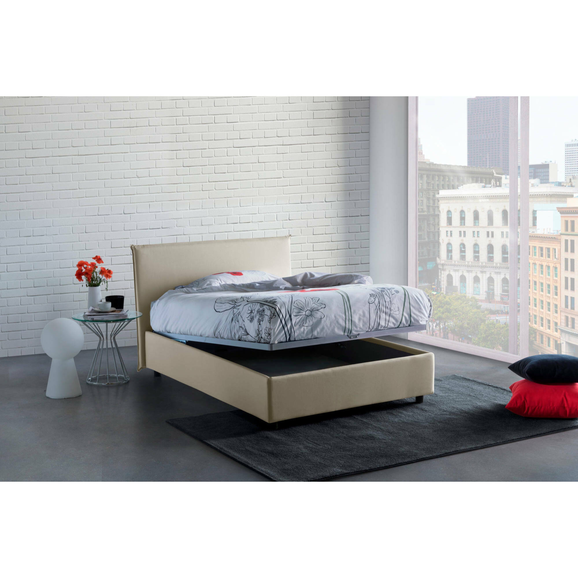 Letto piazza e mezza Asmara, Letto contenitore con rivestimento in tessuto, 100% Made in Italy, Apertura frontale, con materasso Cm 120x190 incluso, Beige