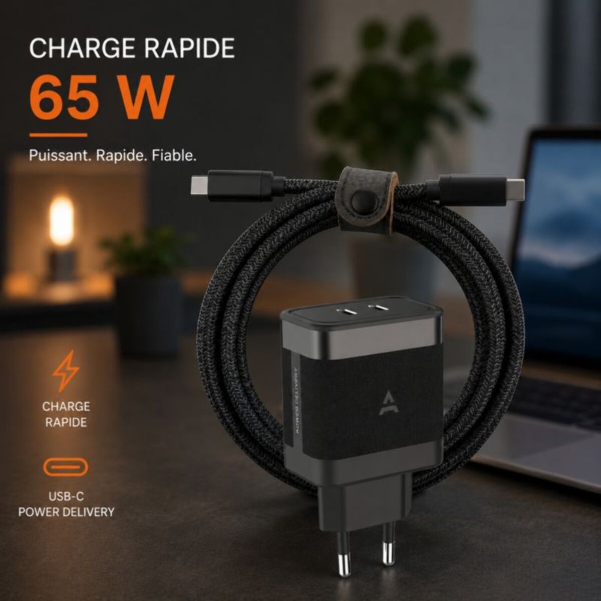 Chargeur ordinateur portable ADEQWAT 65W 2 USB-C + Cable USB-C 2M - Noir