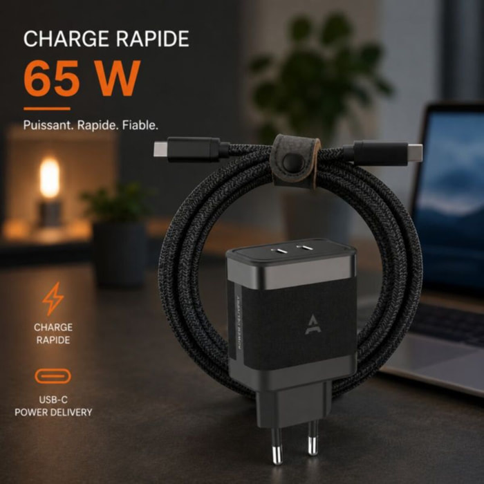 Chargeur ordinateur portable ADEQWAT 65W 2 USB-C + Cable USB-C 2M - Noir