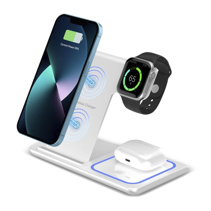 DAM Base de carga inalámbrica plegable 3 en 1. Base Qi 15W doble posición, cargador de Apple Watch y base Qi. Con luz de ambiente azul. Función stand. 16,5x9,3x10,1 Cm. Color: Blanco