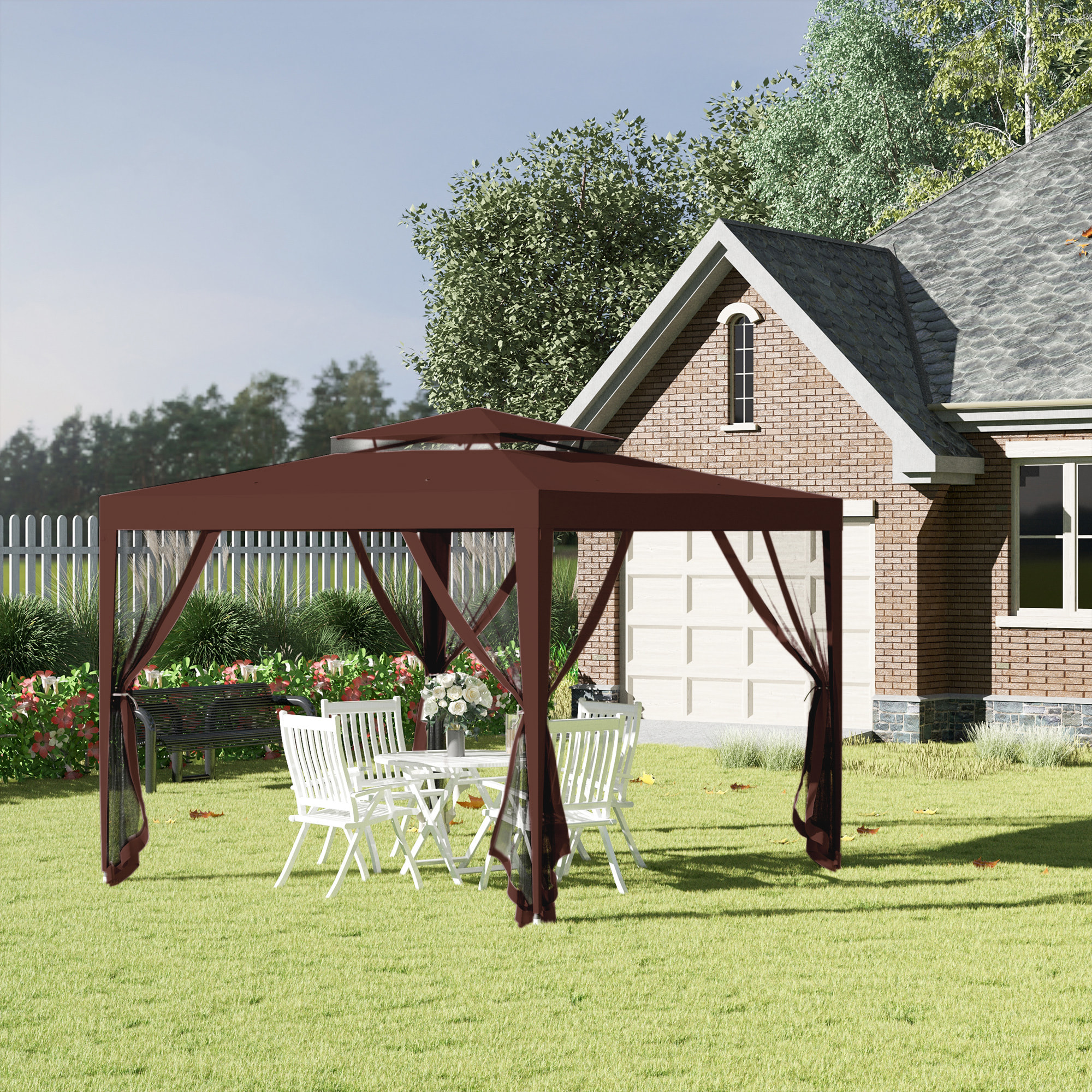 Carpa de Jardín 3x3 m Cenador Desmontable de Exterior Gazebo con 4 Mosquiteras Laterales Techo Doble y Marco Metálico Anti-UV Impermeable Pabellón para Terraza Patio Marrón