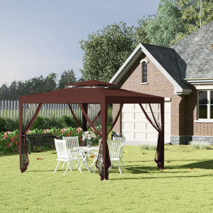 Carpa de Jardín 3x3 m Cenador Desmontable de Exterior Gazebo con 4 Mosquiteras Laterales Techo Doble y Marco Metálico Anti-UV Impermeable Pabellón para Terraza Patio Marrón