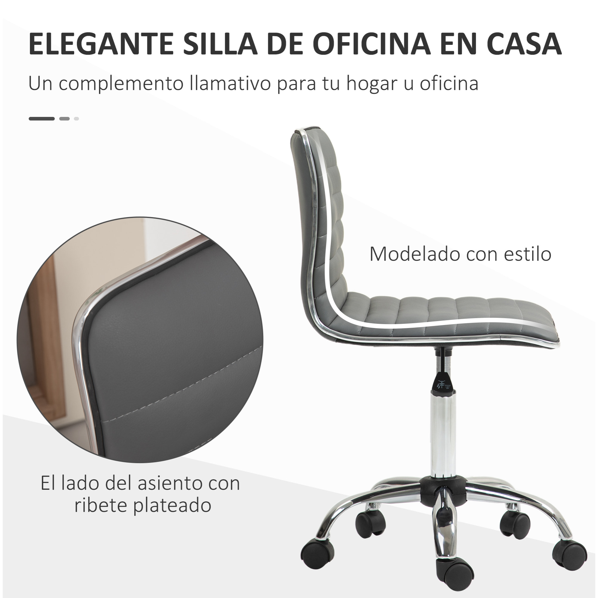Silla de Oficina sin Brazos Silla de Escritorio Giratoria Tapizada en PU con Altura Ajustable para Estudio Dormitorio Tocador Carga 120 kg Gris Oscuro