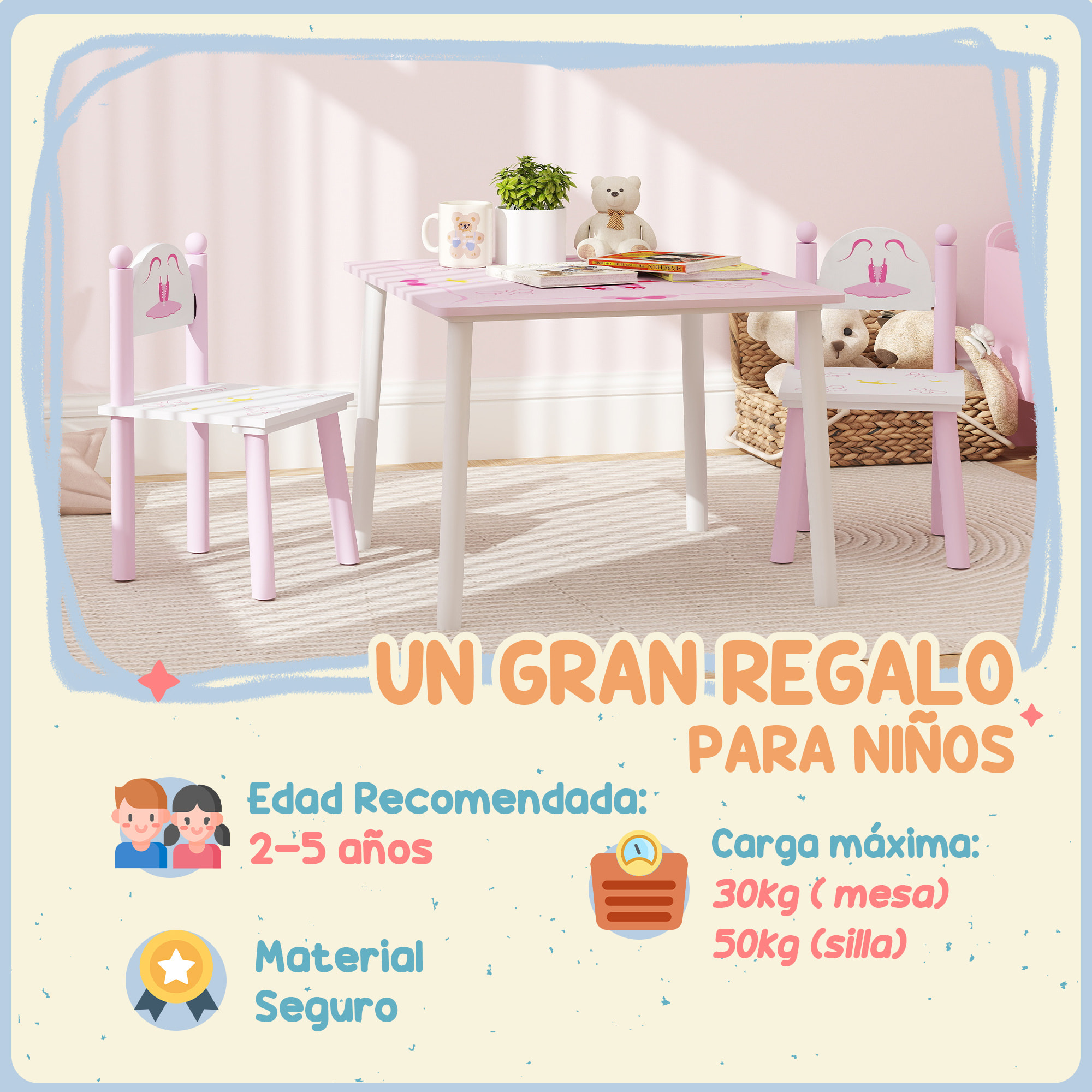 Mesa y Sillas Infantiles para Niños de 2-5 Años Mesa Infantil con Sillas de 3 Piezas Estilo Princesa para Sala de Juegos Dormitorio Guardería Rosa y Blanco