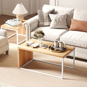 Juego de 2 Mesas de Centro, Mesa Nido Moderna, Mesitas Auxiliares, Marco de Metal, para Salón, Dormitorio, Grande 90x48x42 cm y Pequeña 59x42x36 cm, Natural y Blanco