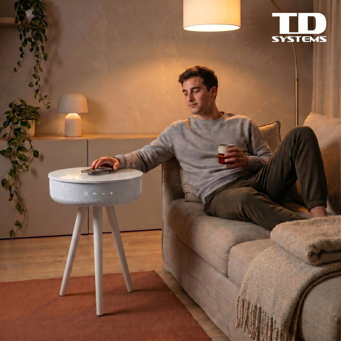 Mesa auxiliar altavoz portátil con sonido de 30W, Bluetooth, base de carga inalámbrica, batería de 2200mAh. Mesilla o mesita para dormitorio o sala de estar - TD Systems SM30B11WB [Lacado blanco]