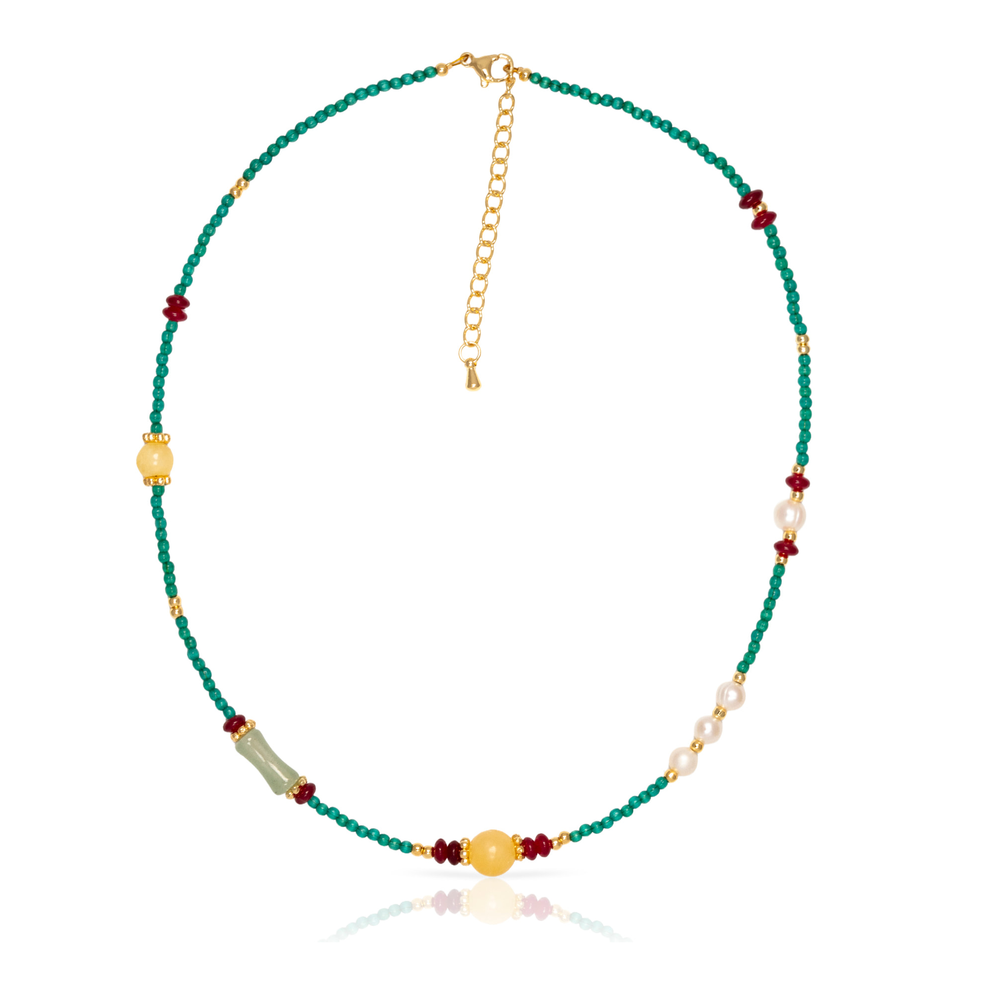 Set de pulsera y collar a juego de ojo de gato, lapislázuli, ámbar y perlas naturales con cierre de mosquetón.