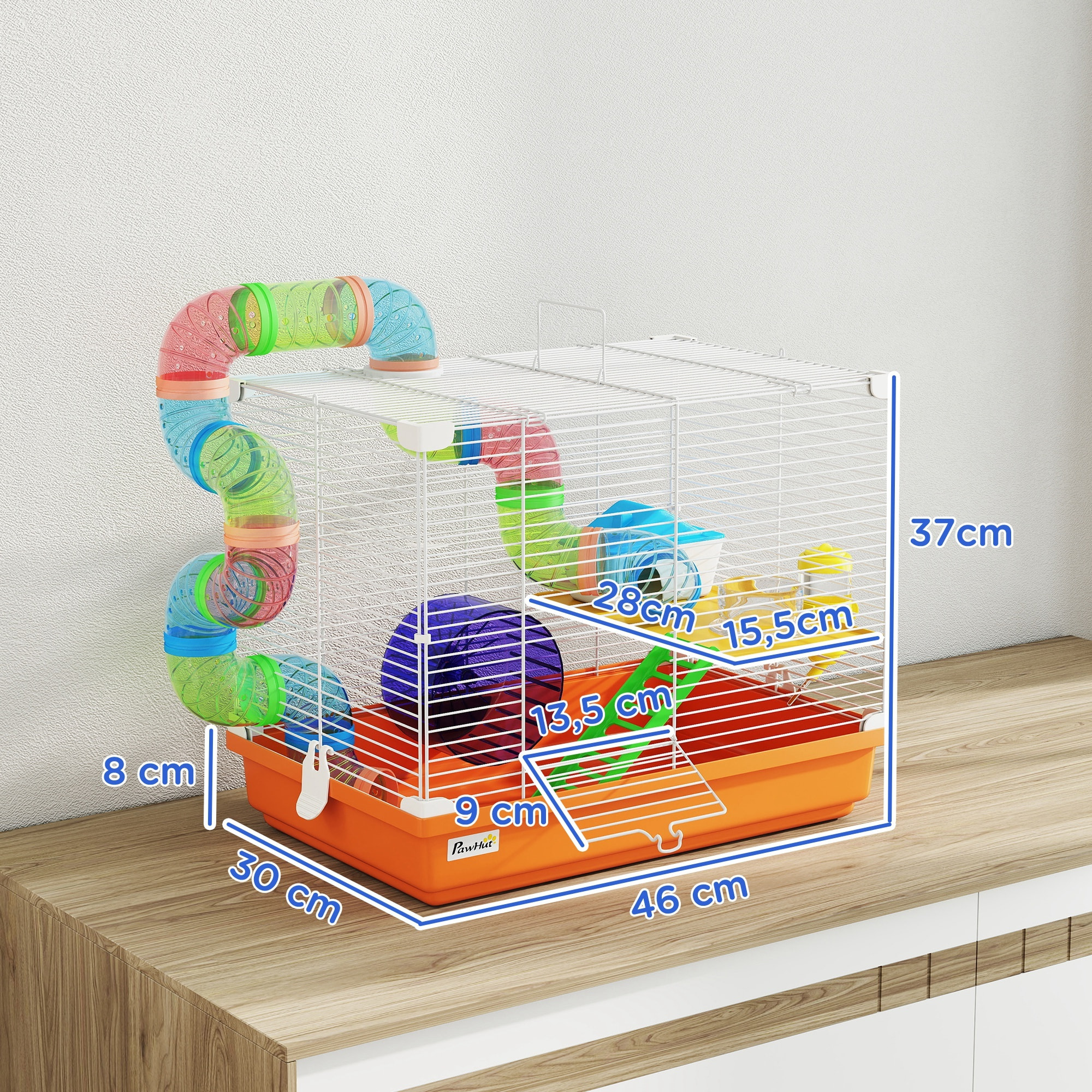 Jaula para Hámster, Casa para Hámster con Túnel, Cuenco, Bebedero, Casita, Rampa, Rueda de Ejercicio, Plataforma y Asa, Bandeja Extraíble, para Ratones y Jerbos, 46x30x37 cm, Naranja