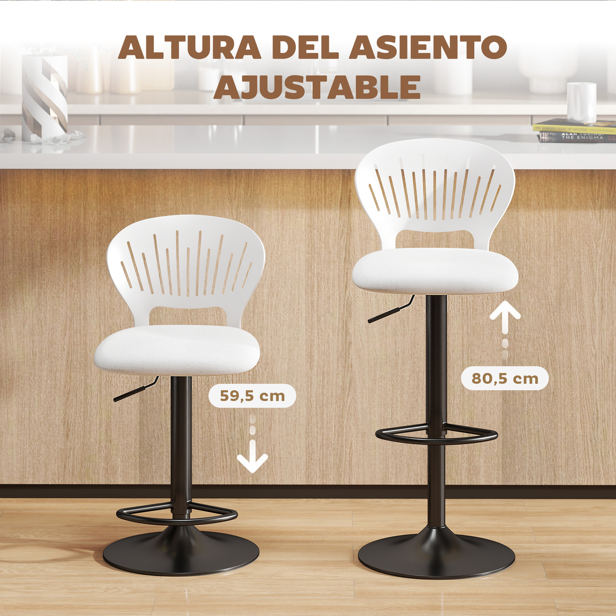 Juego de 2 Taburetes Altos de Cocina Giratorios en 360°, Taburetes de Bar Regulables en Altura de 84-105 cm, Respaldo Hueco, Reposapiés, para Comedor, Mostrador, Blanco