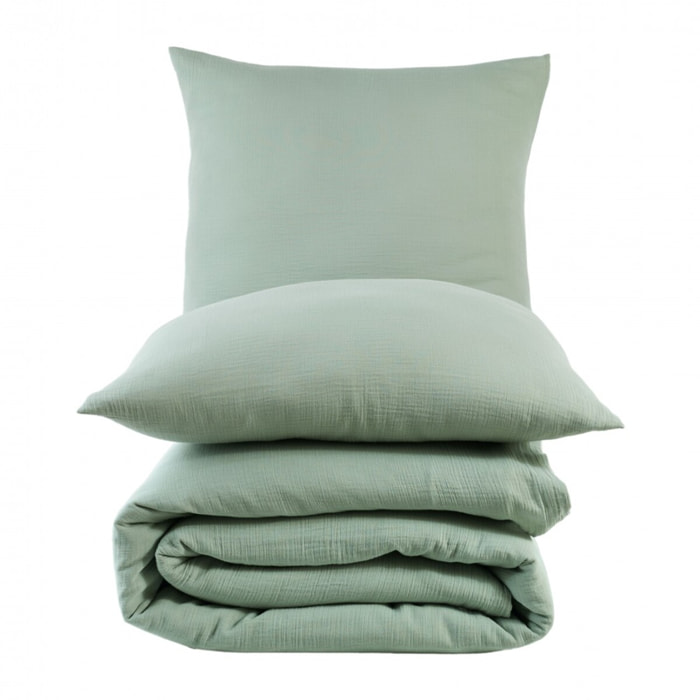 Parure housse de couette et taies d'oreiller gaze de coton céladon