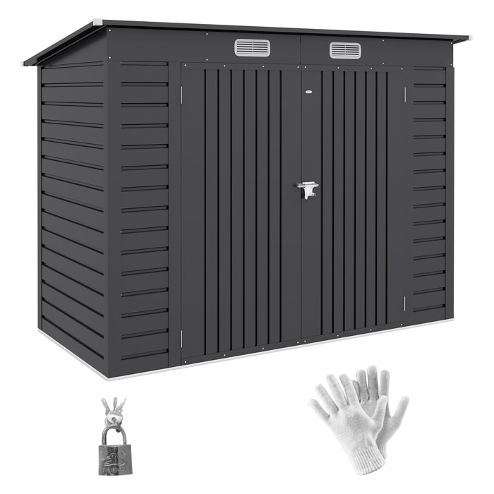Caseta de Jardín Exterior 2,7m² 249x121x183 cm Cobertizo de Jardín Exterior con Doble Puerta 2 Ventilaciones y Pestillo Cobertizo para Terraza Patio Gris