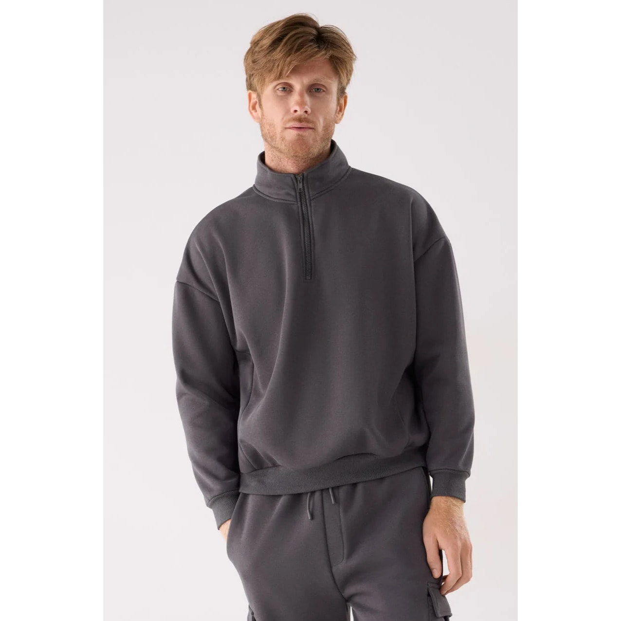 Sudadera deportiva hombre afelpada semi cremallera gris marengo