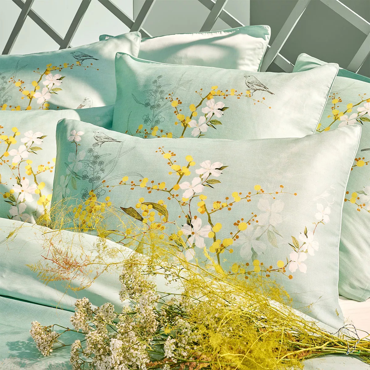 Taie d'oreiller satin de coton imprimé bleu Mimosas d'ete turquoise