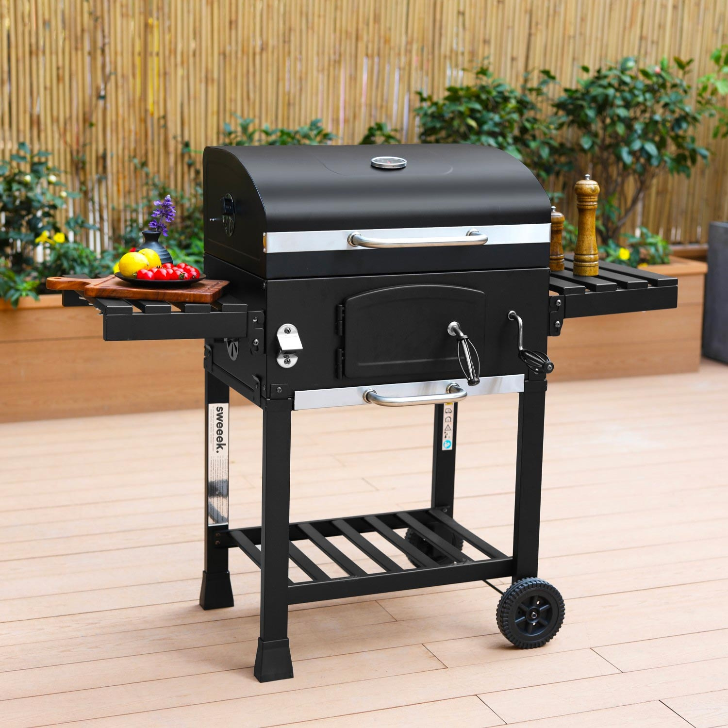 Barbecue Grill charbon de bois noir - Fumoir avec récupérateur de cendres. aérateurs. bac charbon ajustable et tablettes rabattables
