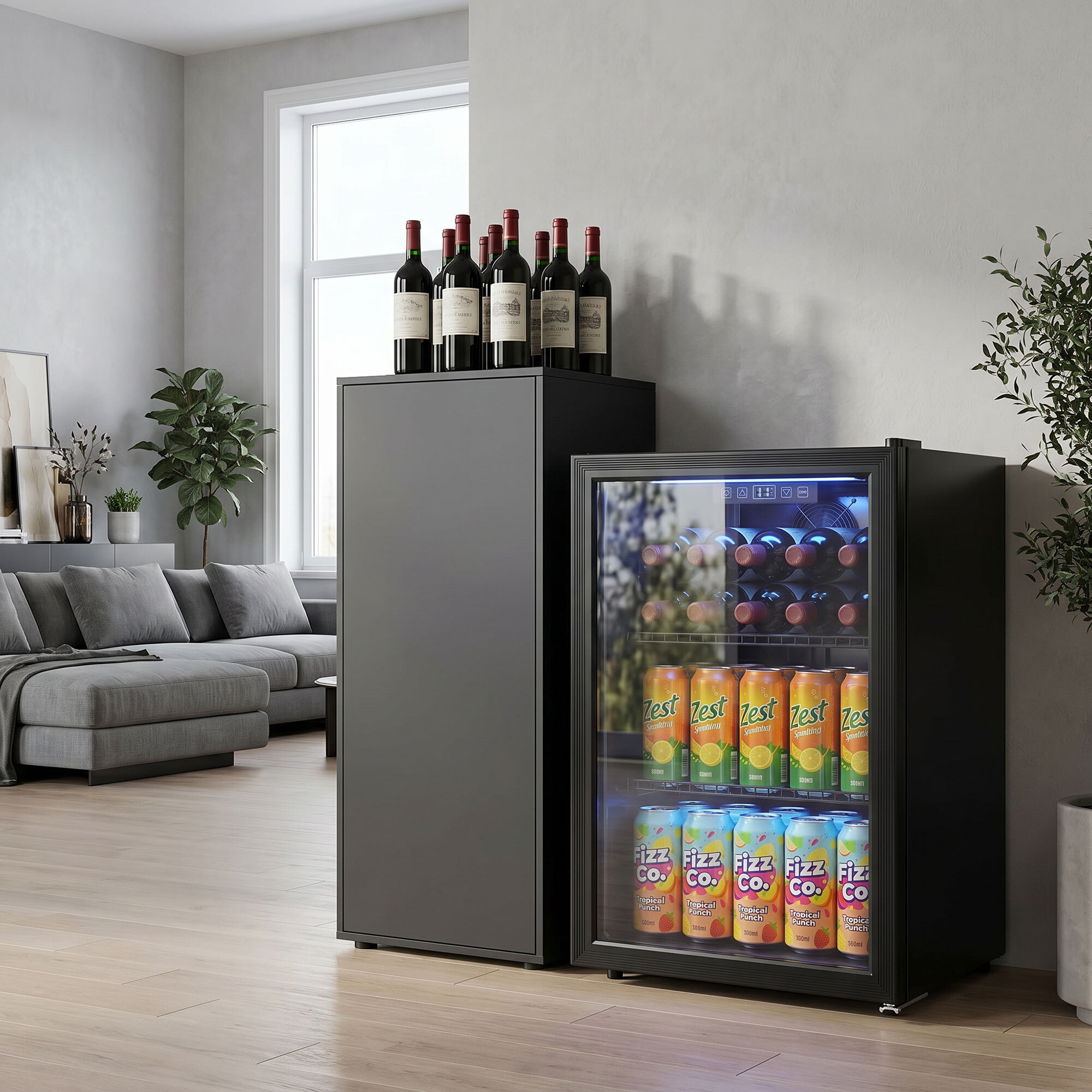 Frigorífico de Bebidas 70 L, Mini Nevera con Puerta de Vidrio Doble, Iluminación LED, 2 Estantes Ajustables, 2-18℃, para 70 Latas, Nevera Pequeña para Refrescos, Cerveza y Vino