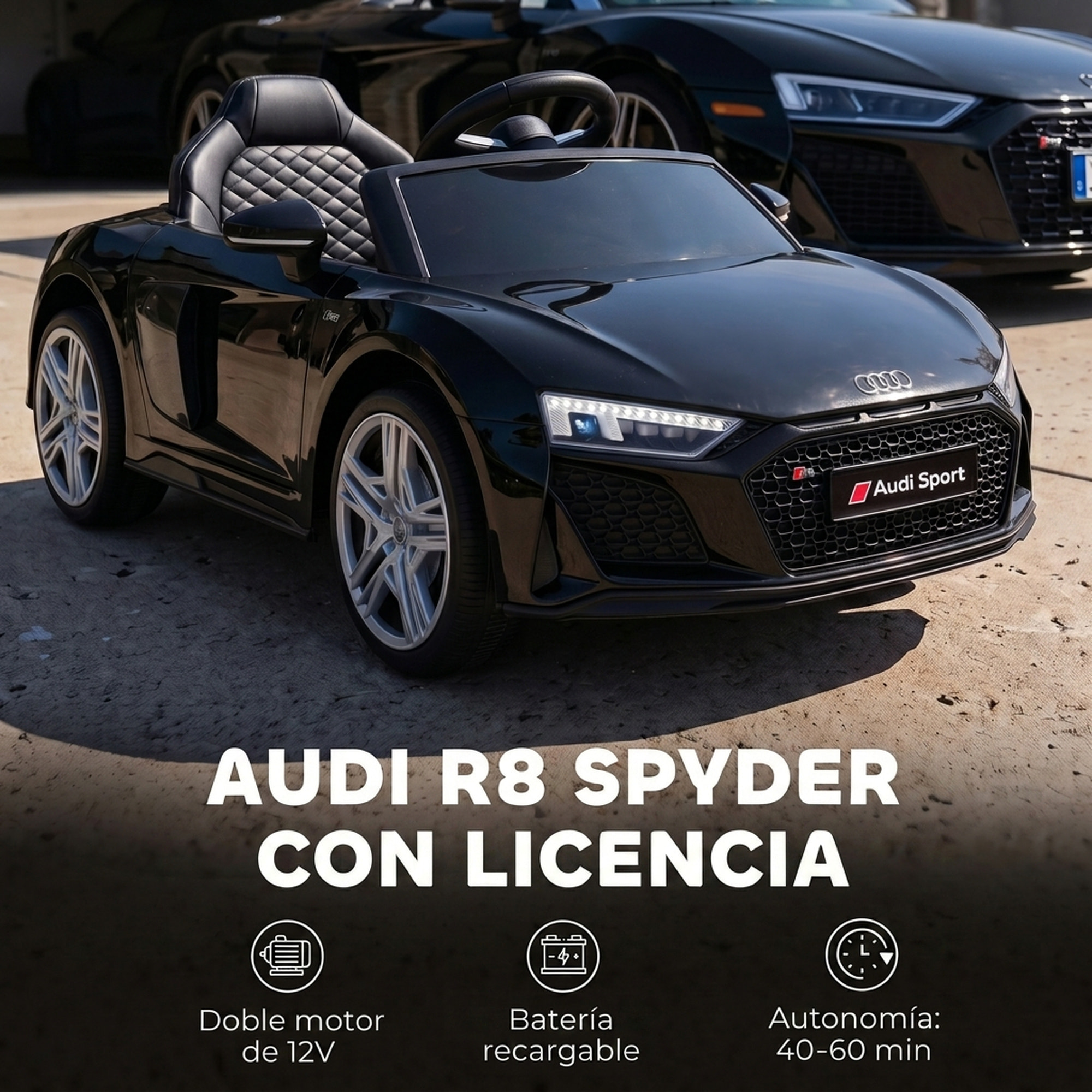 Coche Eléctrico para Niños Audi R8 Spyder Coche de Batería Litio 12V con Mando a Distancia 2,4 G 2 Motores Arranque Suave Suspensión Trasera Música Bocina USB Faros LED +3 Años 3-5km/h Negro