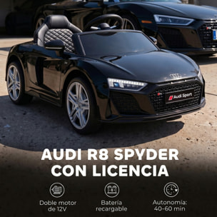 Coche Eléctrico para Niños Audi R8 Spyder Coche de Batería Litio 12V con Mando a Distancia 2,4 G 2 Motores Arranque Suave Suspensión Trasera Música Bocina USB Faros LED +3 Años 3-5km/h Negro
