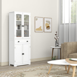 Armoire de cuisine buffet haut 4 portes 3 étagères tiroir verre trempé panneaux MDF blanc