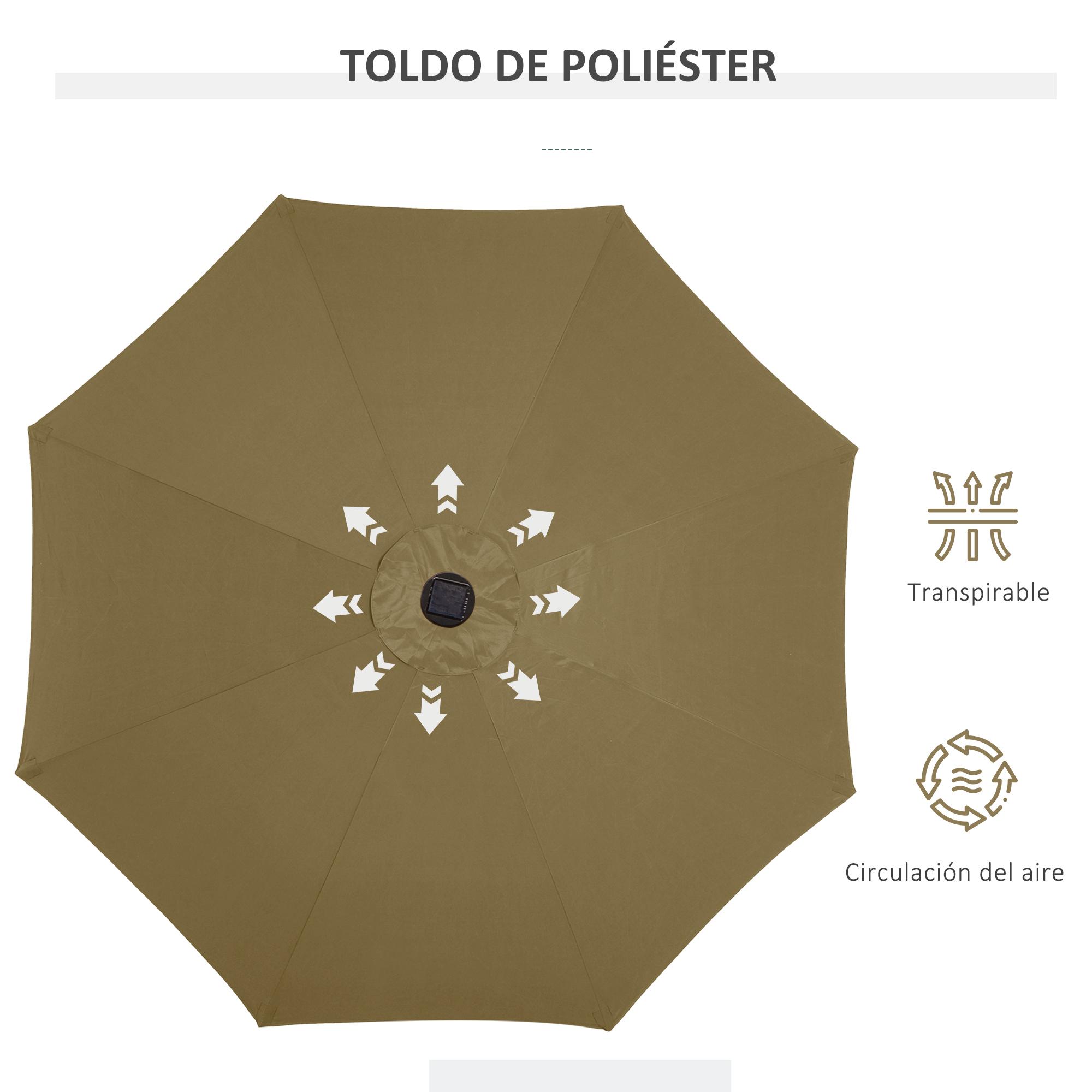 Sombrilla de Jardín Ø268x238 cm Parasol de Terraza con 24 Luces LED Solar Mecanismo de Inclinación Manivela y Poste Desmontable de Metal para Piscina Patio Marrón