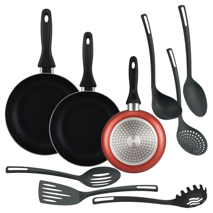 set de 3 sartenes ø16ø20ø24cm de aluminio prensado en cobre metalizado + 6 utensilios de cocina en pbt color negro