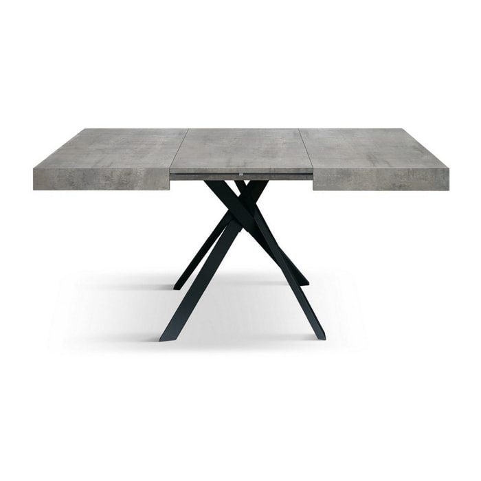 Tavolo FORTE DEI MARMI in legno, finitura grigio cemento e gambe incrociate in metallo antracite, allungabile 95x90 cm - 145 x 90 cm